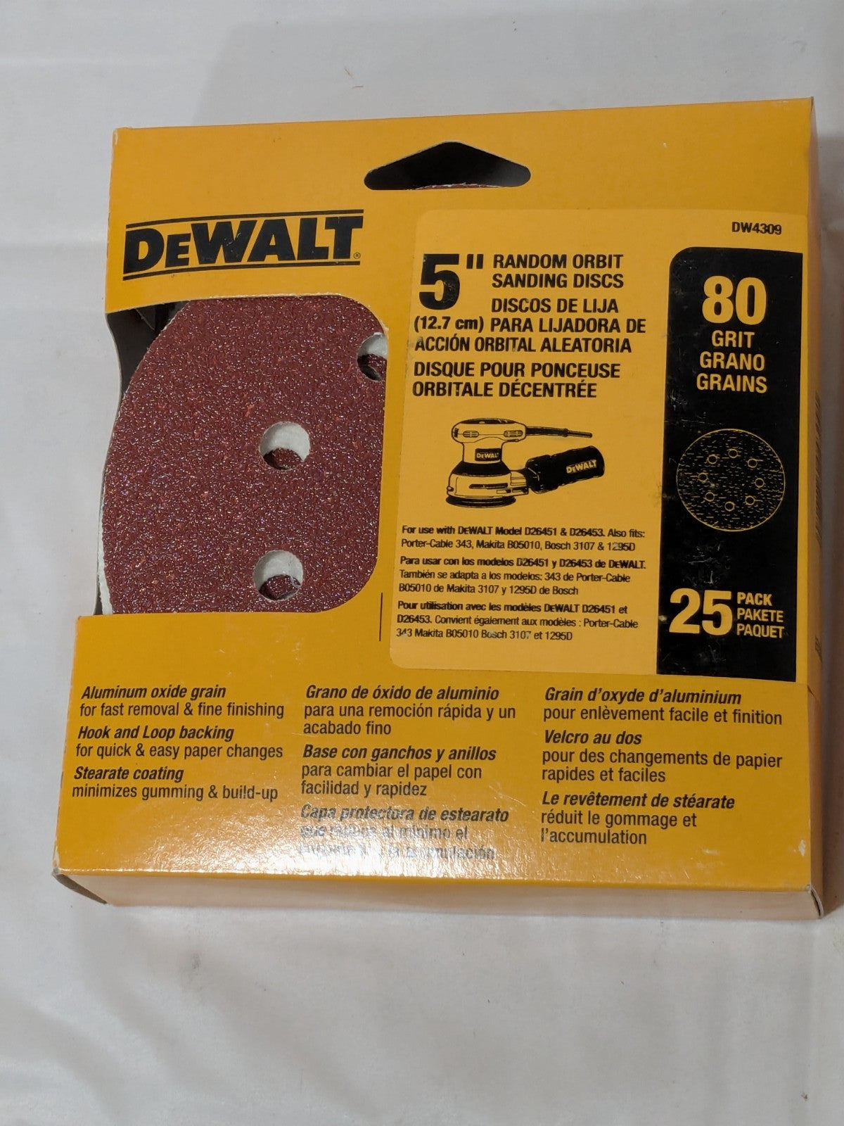 DEWALT Hook & Loop Disc: 5" Dia, 80 Grit, Coated, Aluminum Oxide Qty 50 DW4309