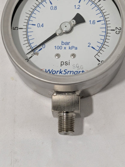 Pressure Gauge: 4" Dial, 30 psi, 1/4" Thread, NPT, Lower Mount WS-PE-G