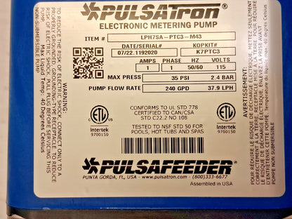 Pulsafeeder Electronic Metering Pump 115 Volt 35 psi 10 GPH LPH7SA-PTC3-M43