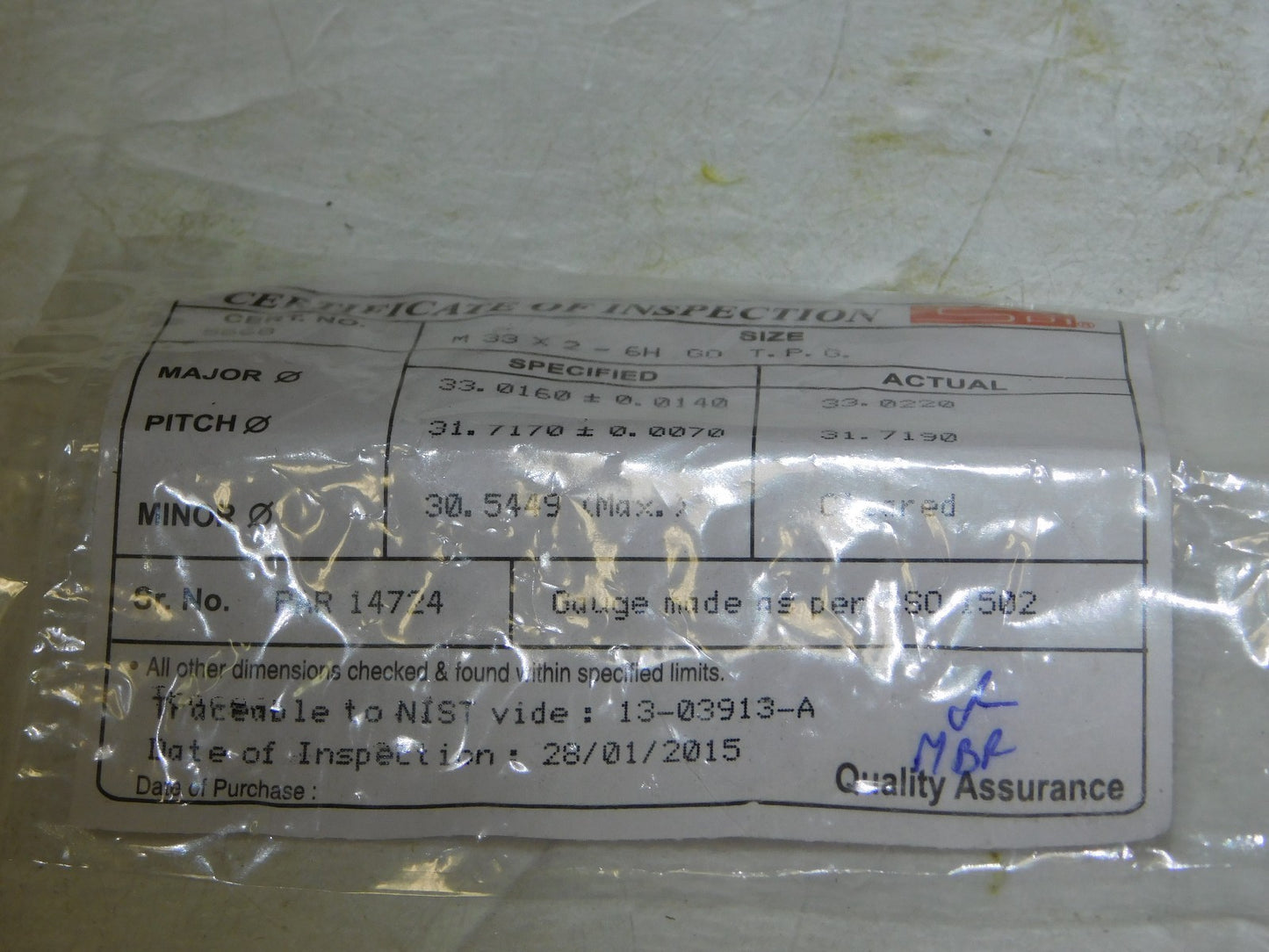 SPI M33x2, Class 6H, Single End Plug Thread Go Gage 34-566-0