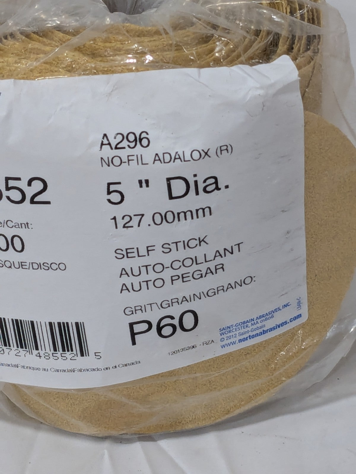 NORTON PSA Disc: 5" Disc Dia, 60 Grit, Aluminum Oxide 78072748552