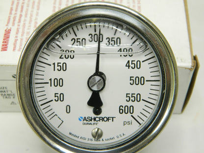 ASHCROFT Pressure Gauge: 2-1/2" Dial, 0 to 600 psi, 1/4" Thread, NPT 94481