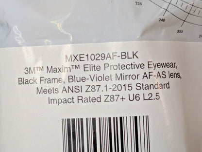3M Maxim Elite Protective Eyewear Blk Fr Blue-Violet Mirror QTY 20 MXE1029AF-BLK