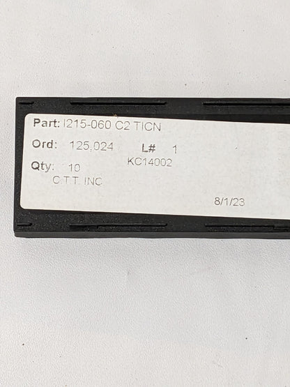 CTT Milling Insert: ANSI 1215-060, ISO 1215-060, C2 Qty 10 1215-060 TICN