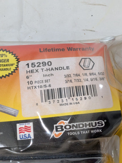 Bondhus 10 PC 6" Hex T-Handles w/Cushion Grip, 3/32-to-3/8" Sizes 15290