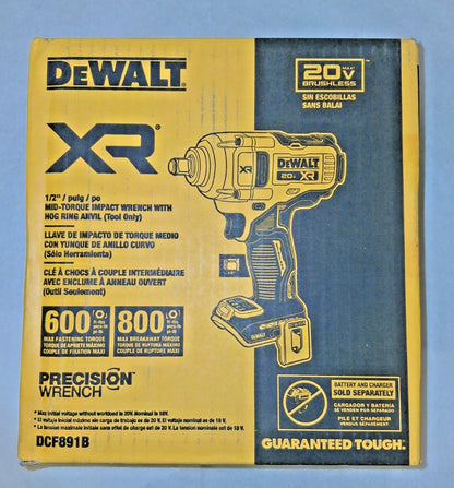 DeWALT Impact Wrench With Hog Ring Anvil 20V Max XR 1/2" Mid-Range DCF891B
