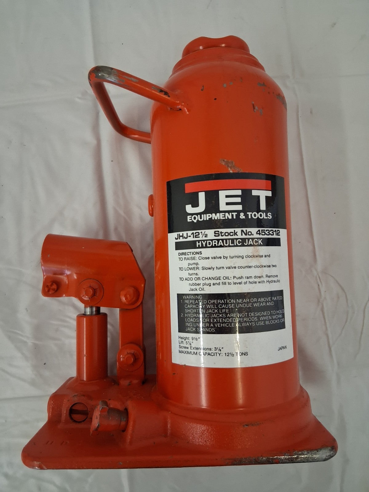 Jet Hydraulic Bottle Jack 12-1/2 Ton Capacity 9-1/2" to 18-1/2" High 453312