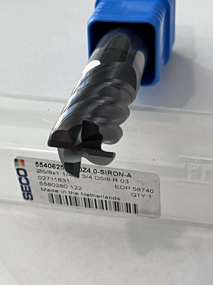 Seco Corner Radius End Mill 5/8" Dia, 1-1/4" LOC, 0.0299" Radius, 4 Fl