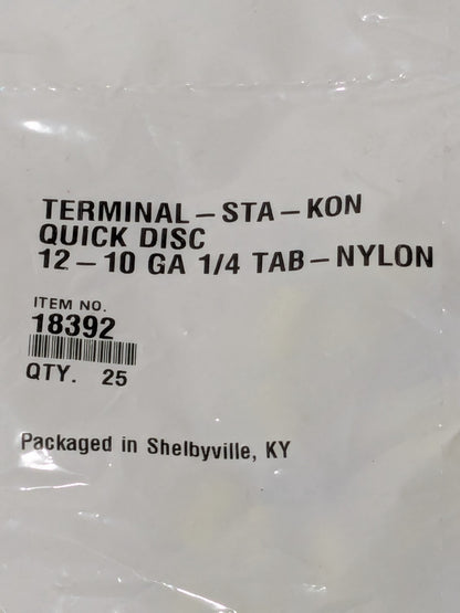 (25) Wire Disconnect: Female, Yellow, Nylon, 12-10 AWG, 1/4" Tab Width BD-18392