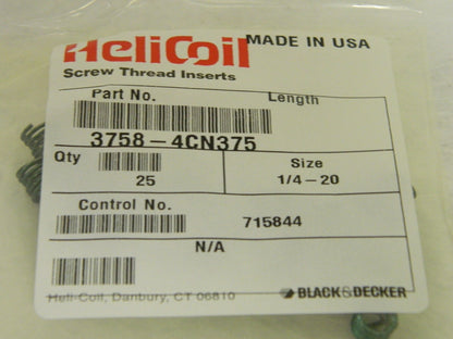 Heli-Coil Stainless Steel Screw Locking Insert 1/4"-20 Bag of 25 3758-4CN37