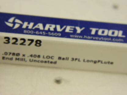HARVEY TOOL Ball End Mill: 0.078 Dia, 0.406 LOC, 3 Flute, Solid Carbide 32278