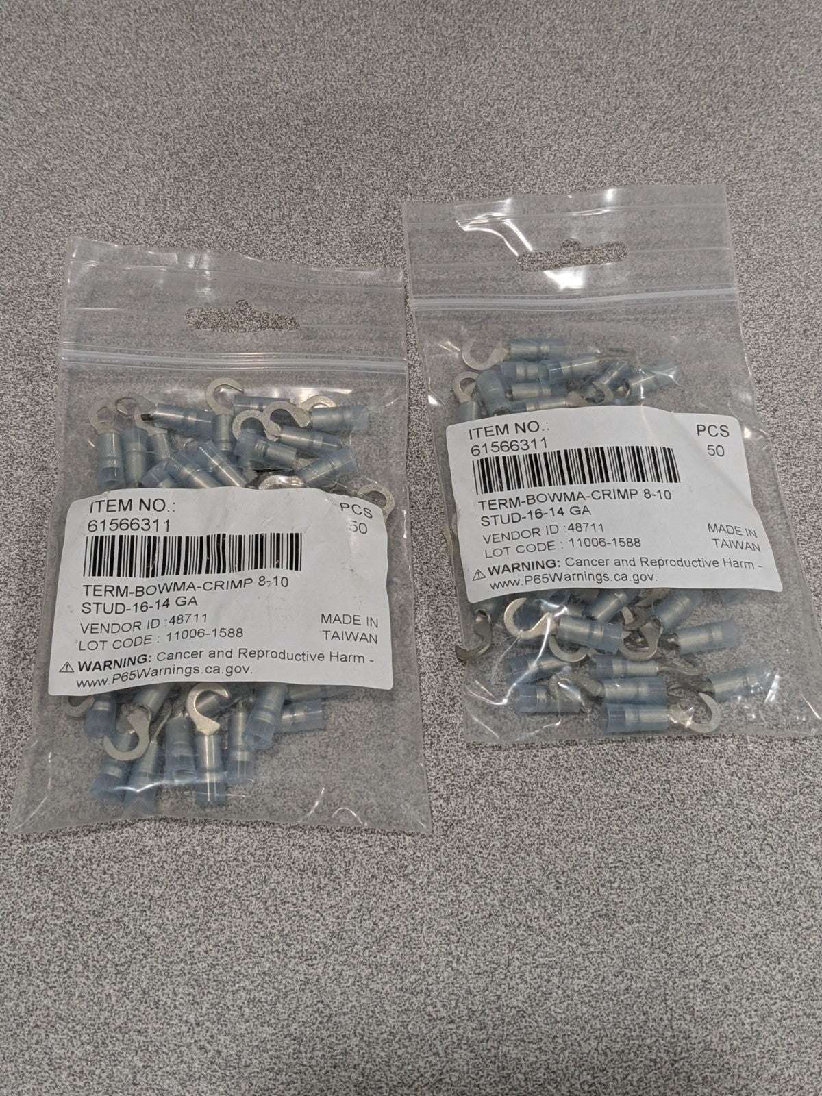 Hook Ring Terminal: 16 to 14 AWG, Crimp Connection Qty 100 61566311
