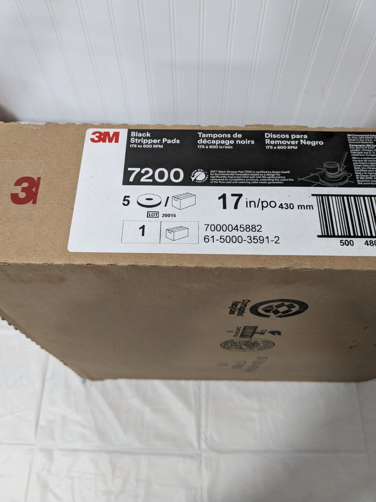3M Black Stripper Pad 7200, 432 mm x 82 mm, 17 in Box of 5 7000045882