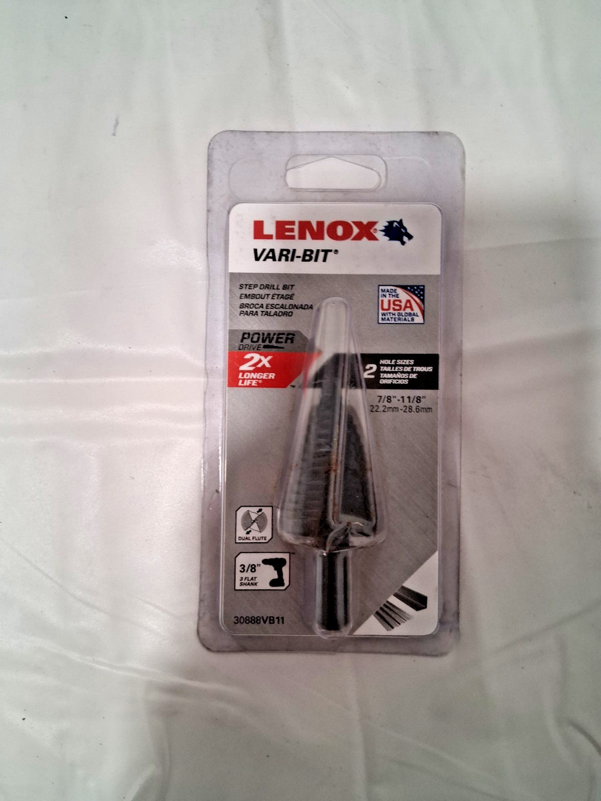 Lenox Step Drill Bit HSS 7/8" Min 1-1/8" Max 3/8" Shank Dia 30888VB11