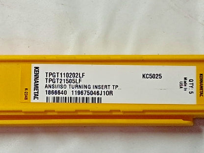 Kennametal Carbide Turning Inserts QTY5 TPGT21505LF KC5025 1866640
