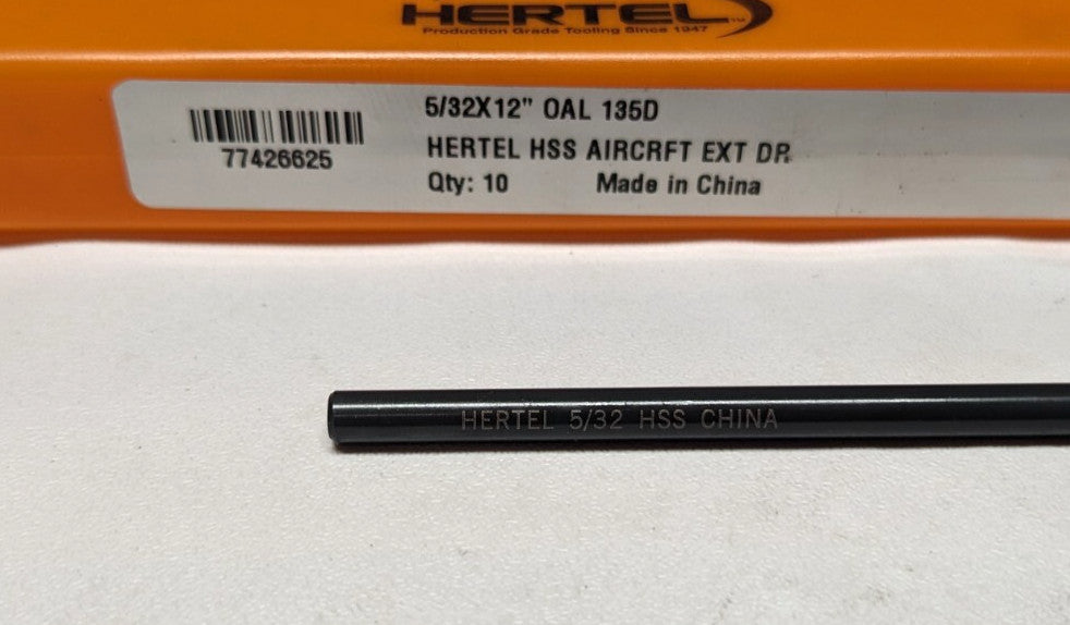 Hertel  Aircraft Extention Drills 5/32"  HSS  12" OAL  *QTY 10*  C.E05.0397