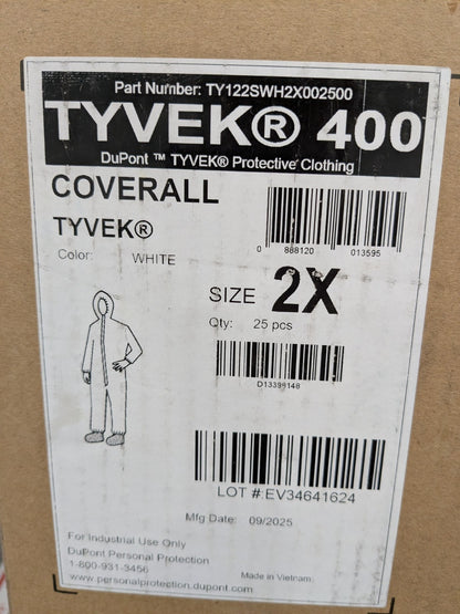 Dupont Disposable Abrasion Protection Coveralls Sz 2XL Qty 25 TY122SWH2X002500
