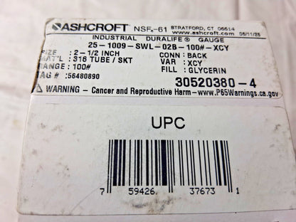 Ashcroft Center back Mount Pressure Gauge 1/4" Thread NPT 56480890