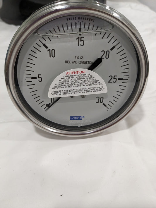 WIKA Pressure Gauge: 4" Dial, 30 psi, 1/2" Thread, Lower Back Mount 9831589