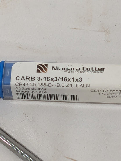 Niagara Cutter Ball End Mill: 3/16" Dia, 1" LOC, 4 Flute 17001836