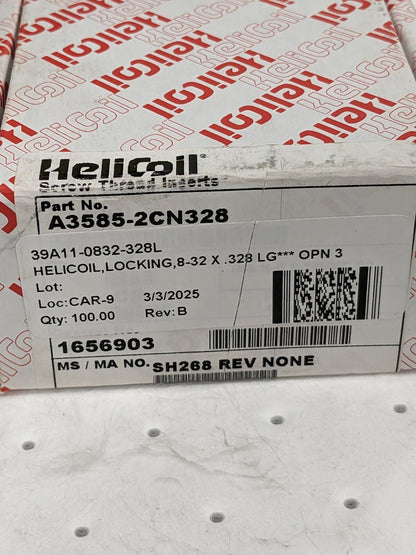 HELI-COIL Screw-Locking Insert: Grade 304 SS, #8-32, 2D Qty 100 A3585-2CN328