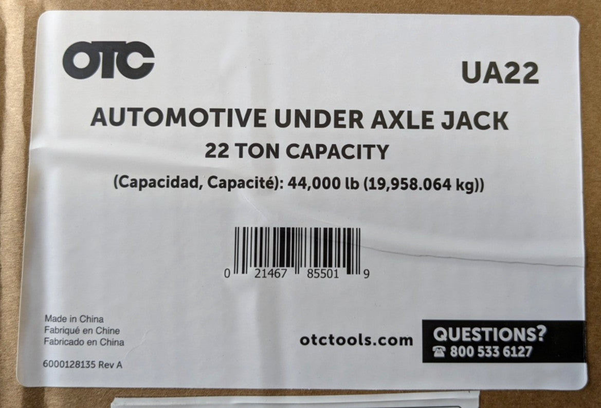 OTC UA22  22 Ton Under-Axle Jack  Hydraulic/Pneumatic 21" Max Height  Heavy Duty