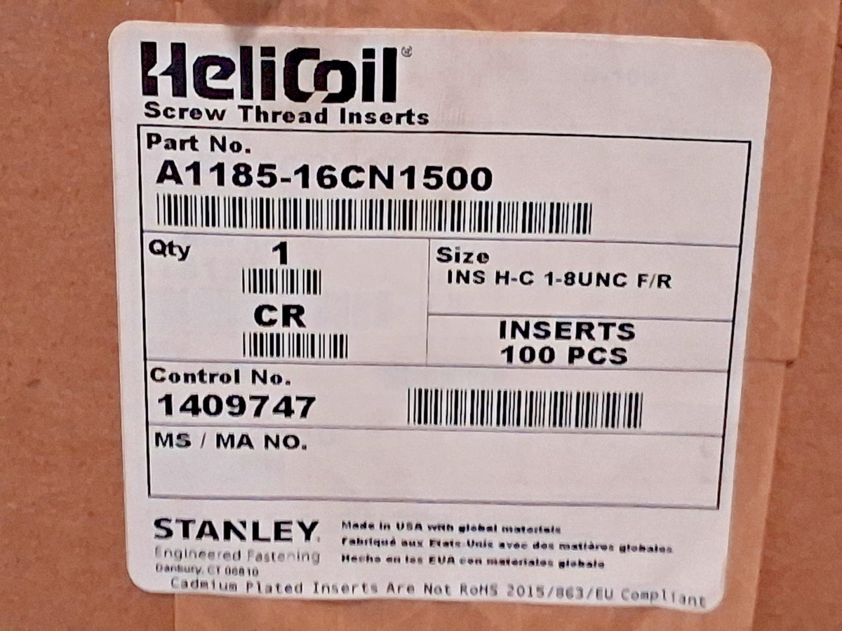 Heli-Coil Free-Running Inserts 2Pk 1-8 1.5000" OAL A1185-16CN1500