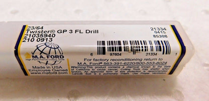 M.A. Ford Solid Carbide Twister GP Drill Series 210 23/64" Dia 135º 3FL 210