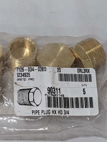 Industrial Pipe Hex Plug: 3/4" Male Thread, MNPTF Qty 5 3152X12