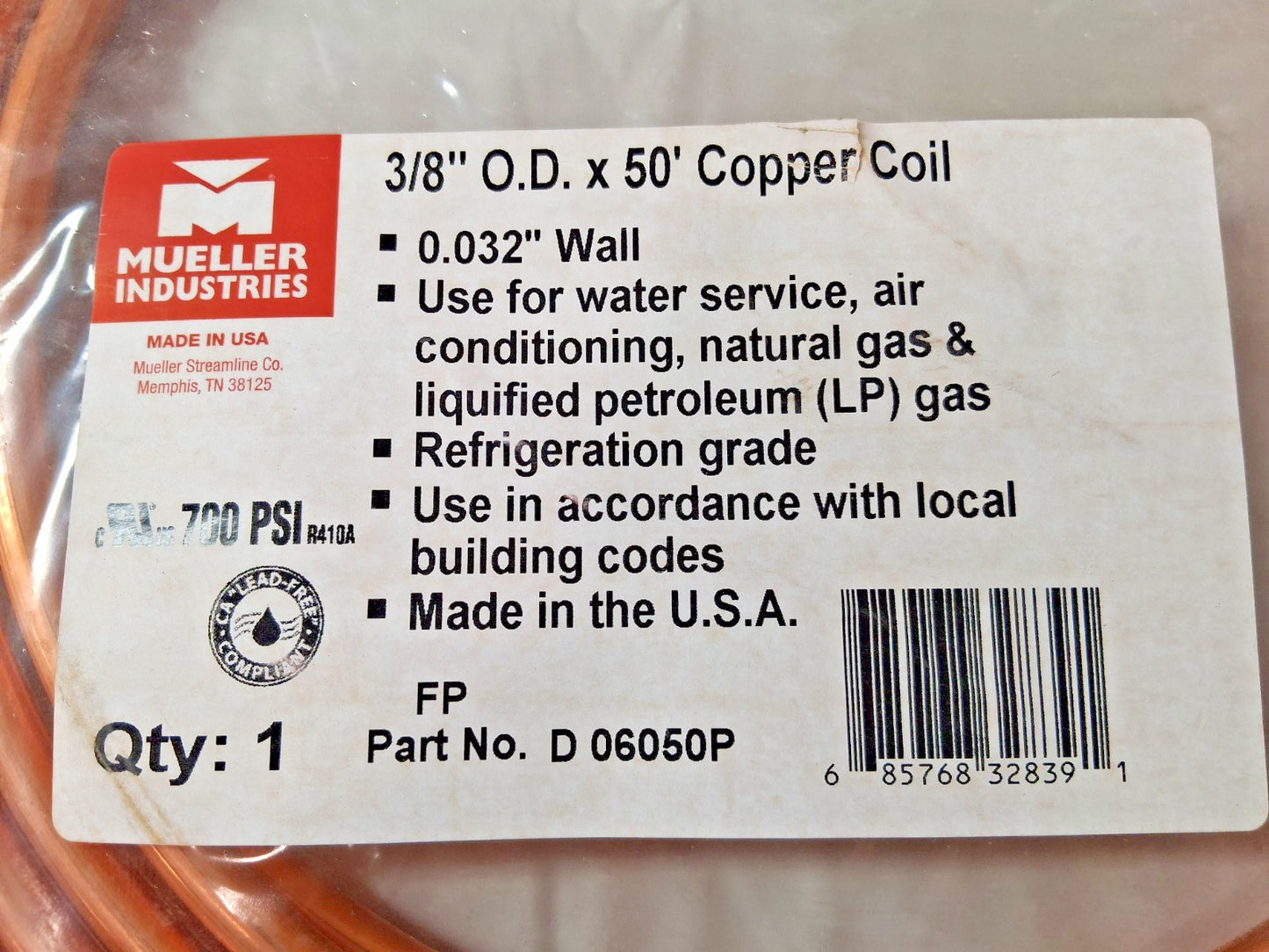 Mueller Industries Copper Seamless Tube 50FT L 3/8" OD x 0.311" ID D06050P