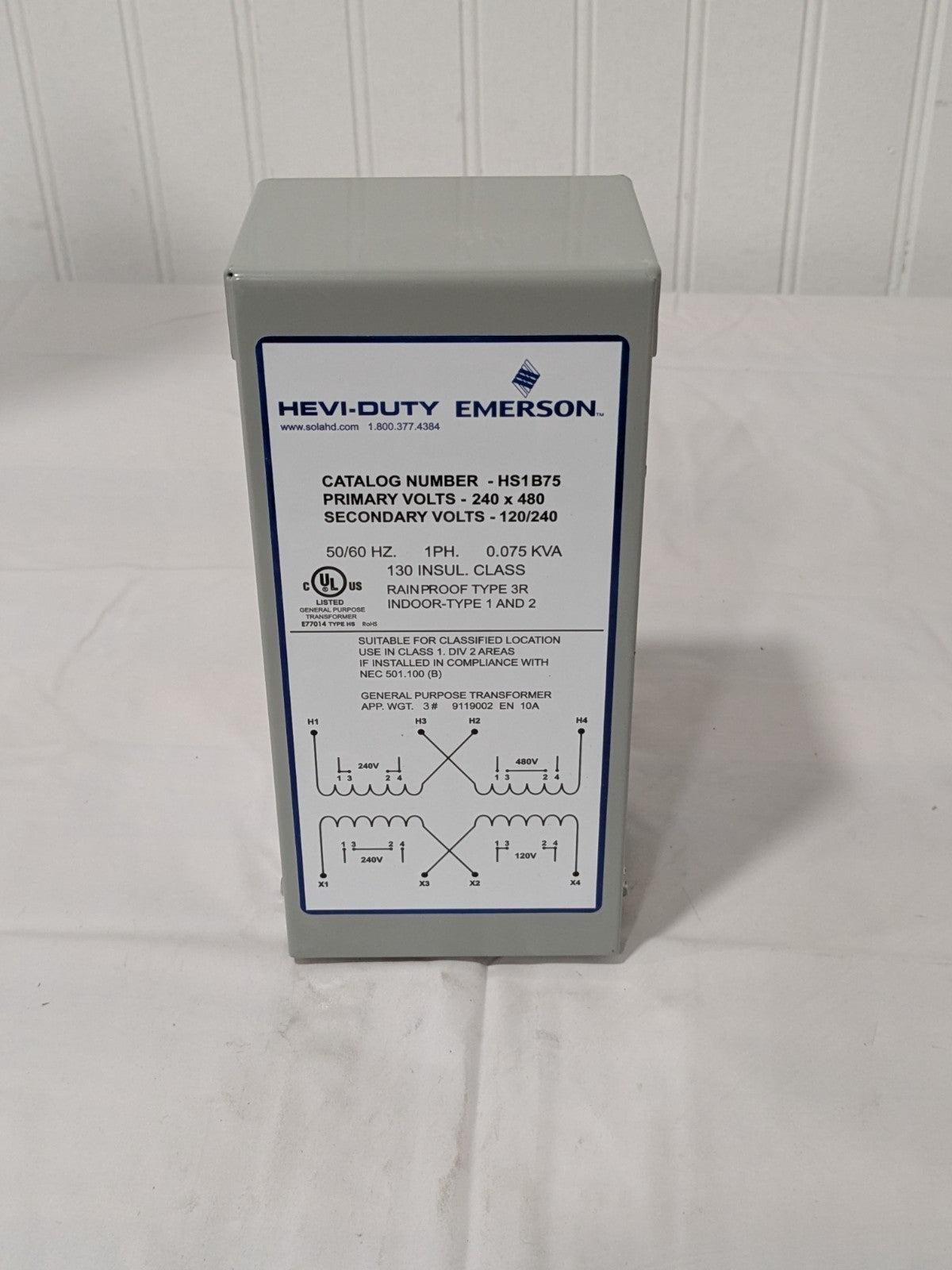 Sola/Hevi-Duty General Purpose Transformer 1 Phase, 240-480 Volt Input HS1B75