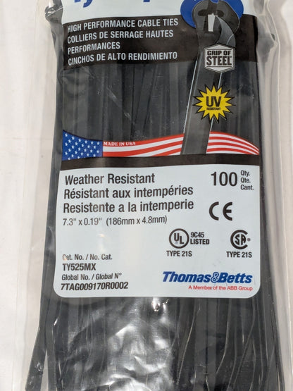 Thomas & Betts Standard Cable Tie: 7.31" Long, Black, Nylon Bag of 100 TY525MX