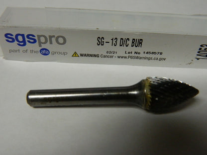 SGS PRO SG-13, 1/2" Cut Diam, 1/4" Shank Diam, Carbide Double Cut Tree Burr