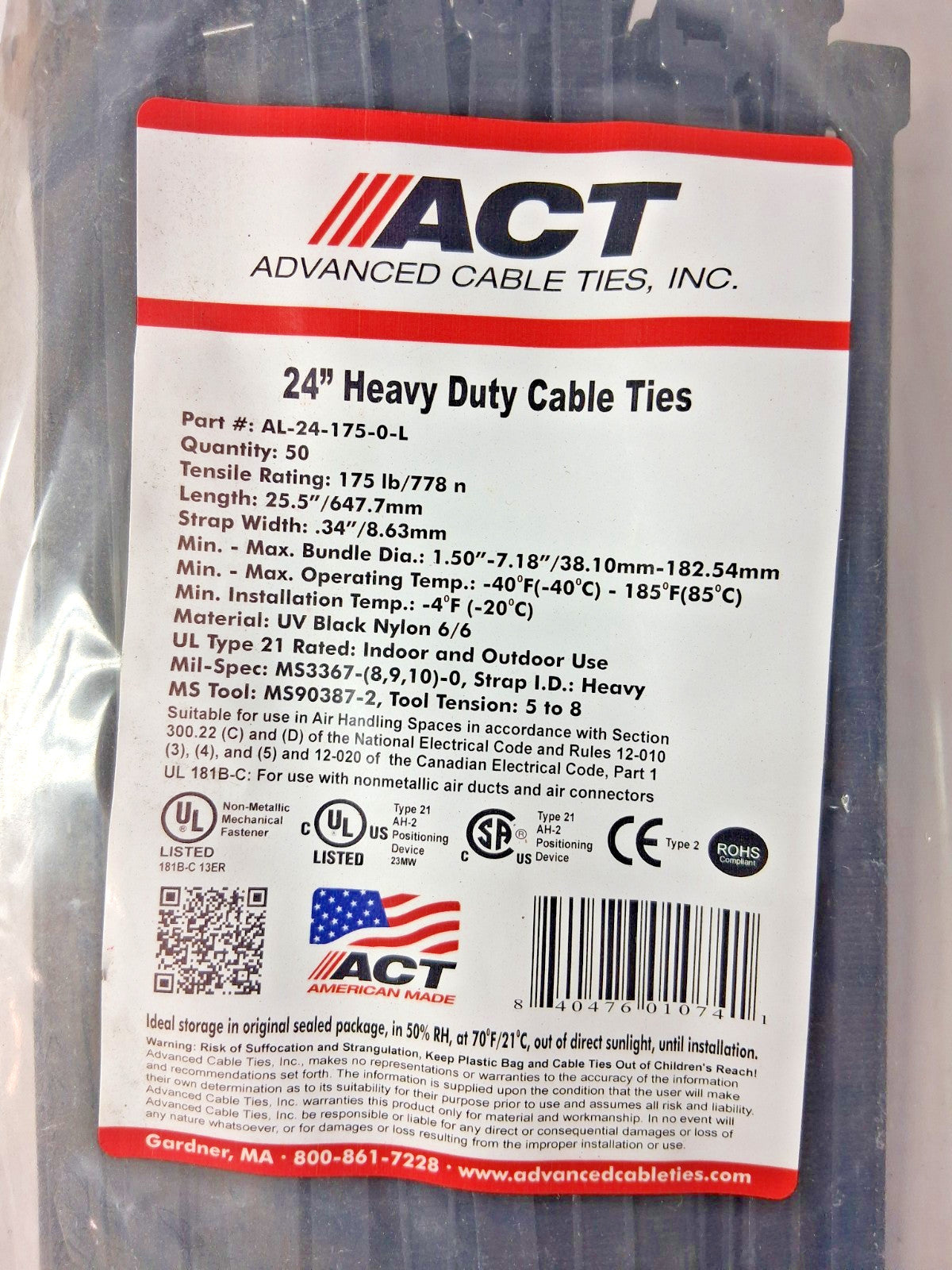 ACT Heavy Duty Cable Tie QTY100 175lb 24" AL-24-175-0-L
