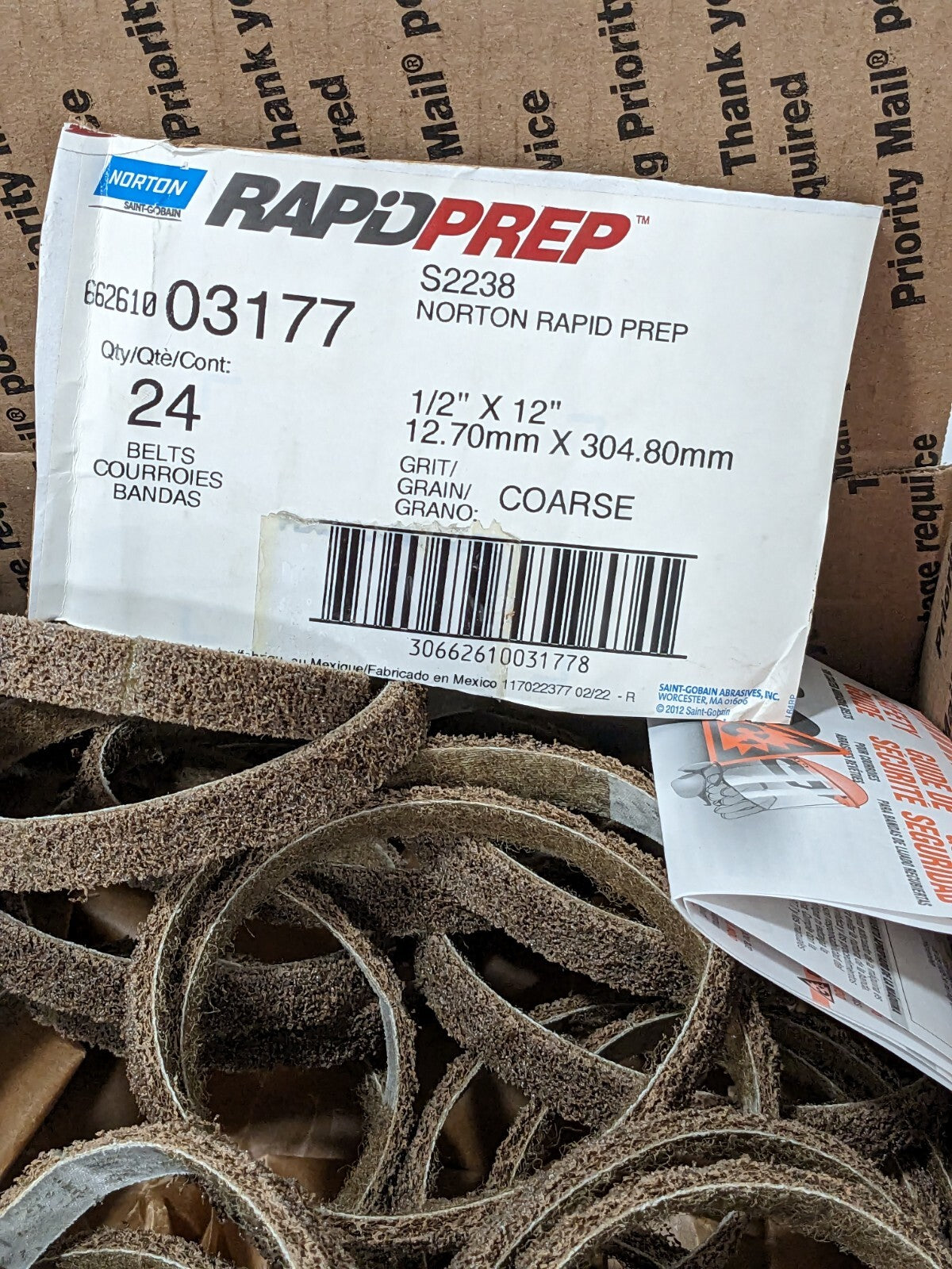 NORTON Abrasive Belt: 1/2" Wide, 12" OAL, Aluminum Oxide Qty 24 66261003177