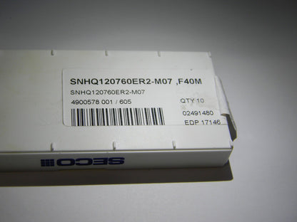 Seco SNHQ120760 M07 Grade F40M Carbide Milling Insert Qty 10 17146