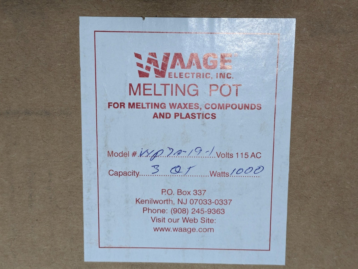 Waage Electric 3 Qt Dip Coat Pot 8"Deep X 5-1/2"ID 1000W 115V WP7A-19-1