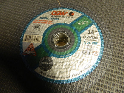 CGW Abrasives AO Cut-Off Wheel Type 1, 14" Dia, 5/32" Thick, 1" H Qty 10 35600