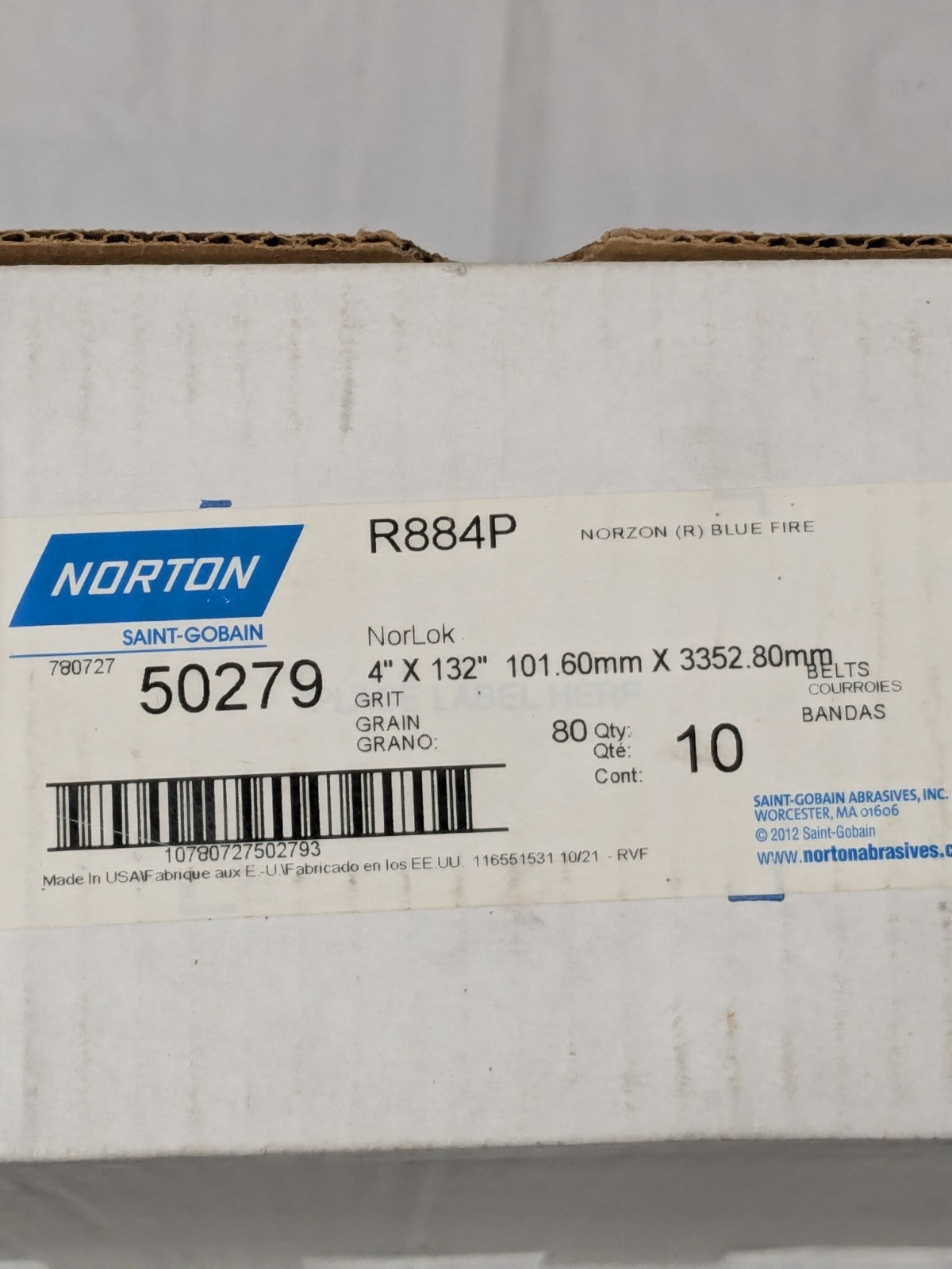 (10) Norton Abrasive Belt: 4" Wide, 132" OAL, Zirconia Alumina 80G 78072750279