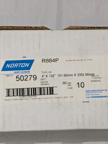 (10) Norton Abrasive Belt: 4" Wide, 132" OAL, Zirconia Alumina 80G 78072750279