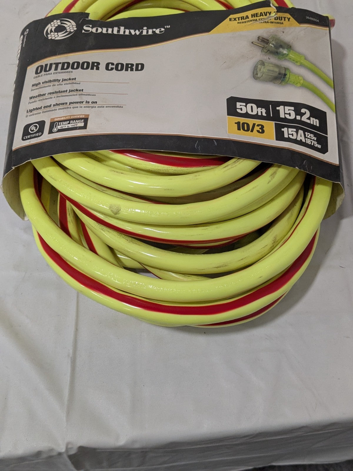 SOUTHWIRE Extension Cord: Outdoor Use, 50 ft Lg, 5-15P, 10/3, SJTW 26480054