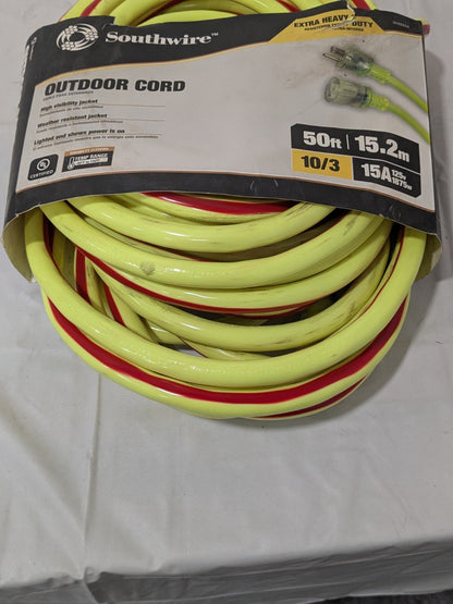 SOUTHWIRE Extension Cord: Outdoor Use, 50 ft Lg, 5-15P, 10/3, SJTW 26480054