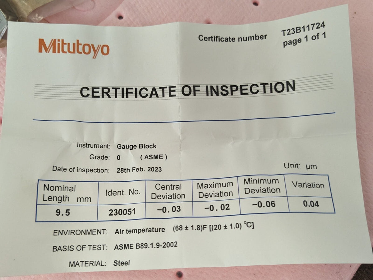 MITUTOYO Rectangle Steel Gage Block: 9.5 mm, Grade 0 611649-531