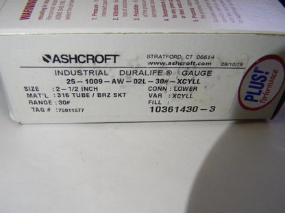 Ashcroft Pressure Gauge 2-1/2" x 1/4" 0 to 30 psi  94577XLL