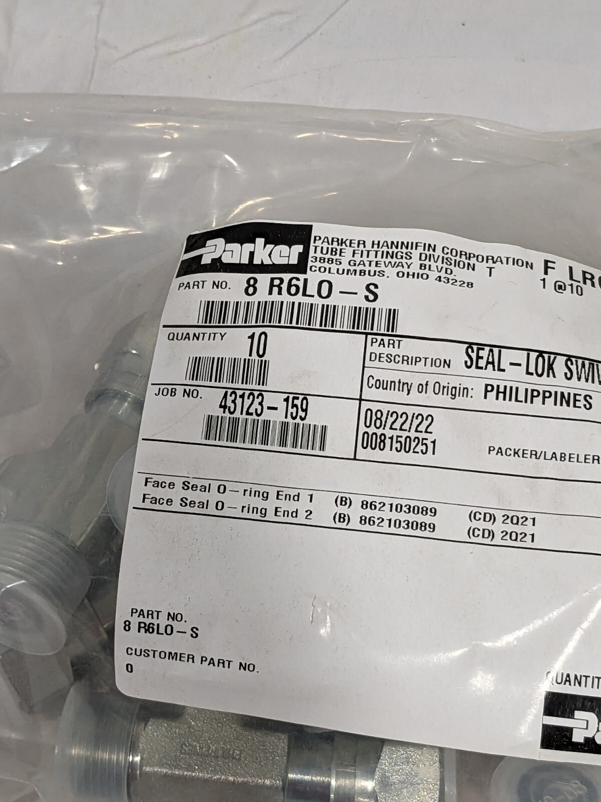 Parker Seal-Lok Run Tee 1/2 X 1/2 ORFS Swivel X 1/2 Steel Qty 10 8 R6LO-S