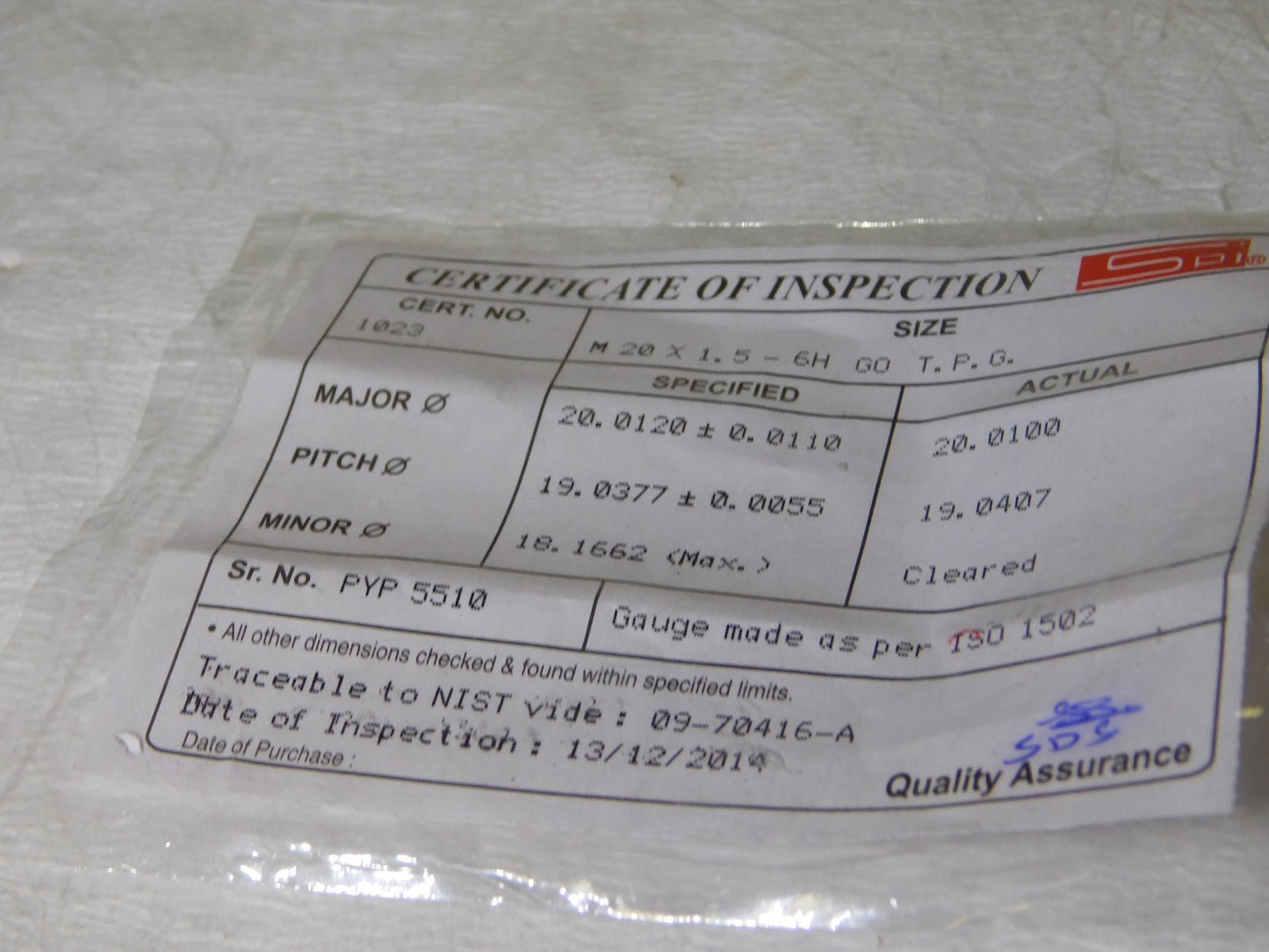 SPI Metric Taperlock Thread Plug Gage M20x1.5 GO 6H Class 34-557-9
