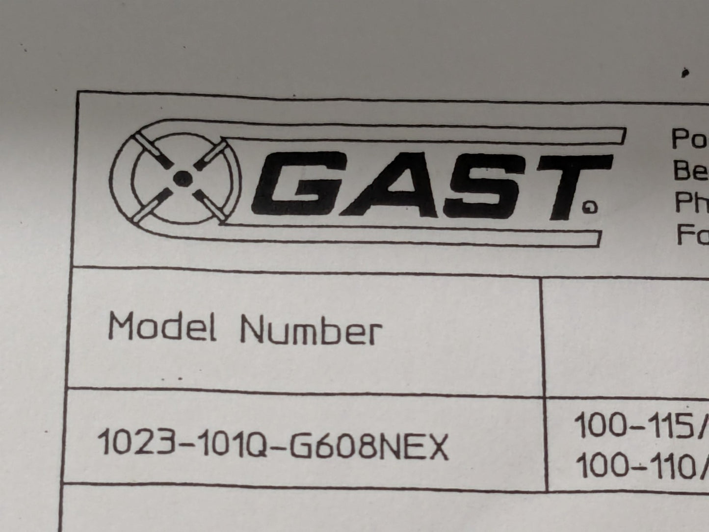 Gast Rotary Vane Septic Air Pump 1023-101Q-G608NEX