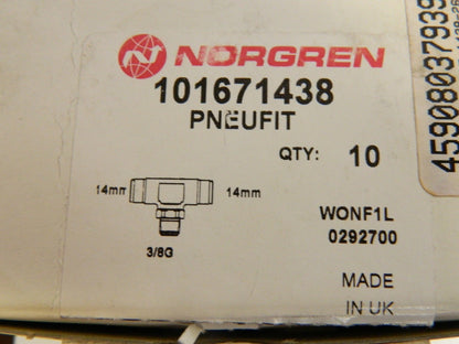 Norgren 14mm Outside Diam 3/8 BSPT PTC Tube Male Swivel Branch Tee QTY 7