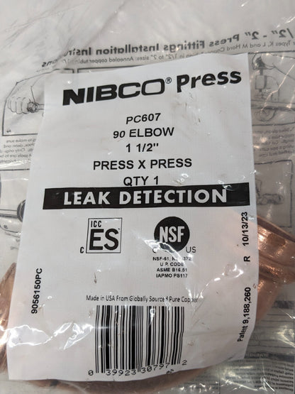 1 LOT OF 2 NIBCO PC607 90° Press Elbows Copper 1-1/2" 9056150PC