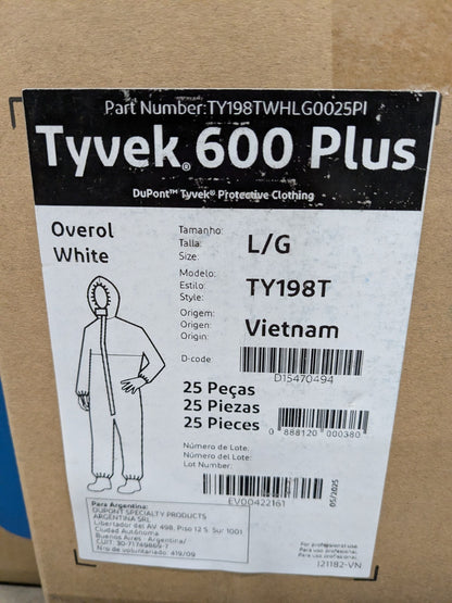 (25) DuPont Tyvek 600 Coveralls w/ Elastic Cuffs, Hood & Serged Taped Seams Sz L